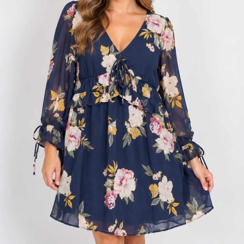 Xhilaration Medium Floral Chiffon Mini Dress Navy Long Sleeve Boho Romantic